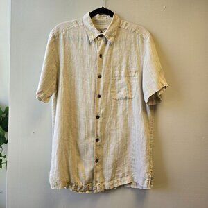 Caribbean Joe M 100% Linen Plaid Short Sleeve Button Down Shirt In Soft Cream Gr